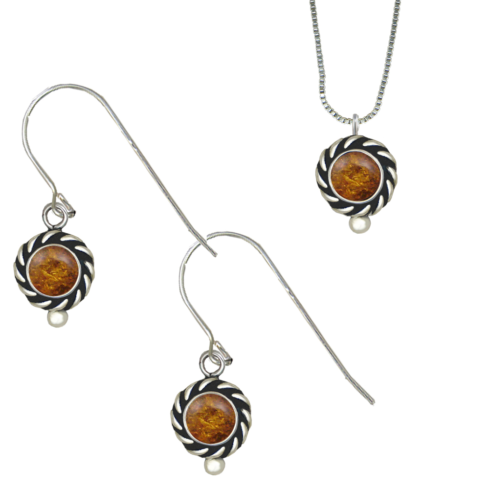 Sterling Silver Petite Necklace Earrings Set Amber